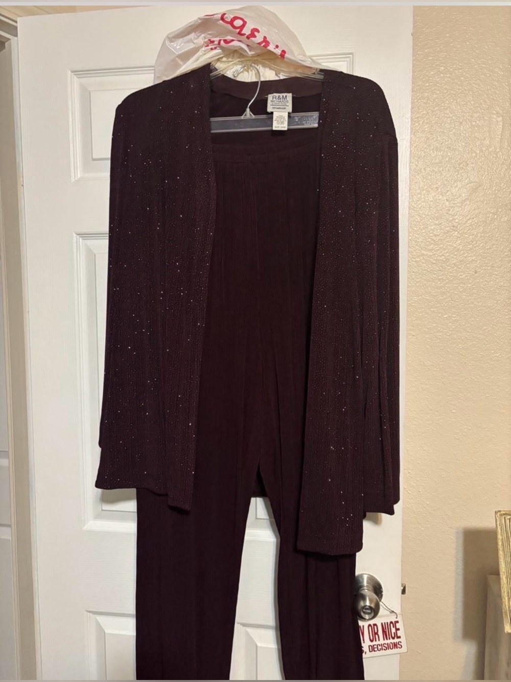 R&M Richards Women's Burgundy Sparkle Jacket & Pants Set